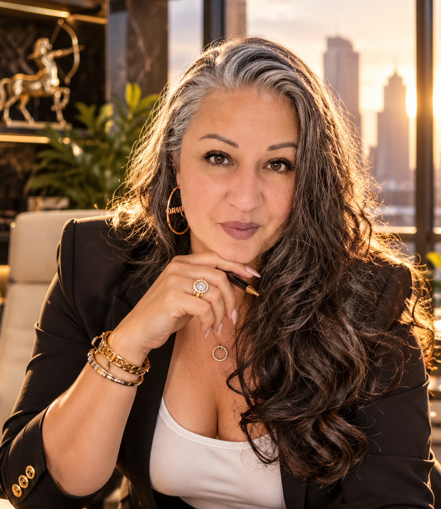 Alejandra, founder of Aletarius Enterprises, leaning on a desk with a pen in hand